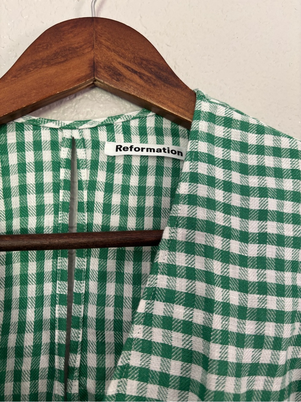 Reformation Rodin Linen Wrap Mini Dress in Green Gingham - Picture 7 of 10